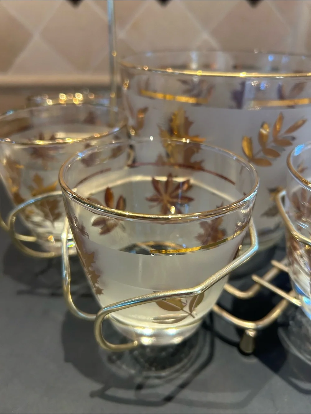 Vintage MCM Libbey Golden Foliage Set with 8 Glasses with Caddy & Ice Bucket.